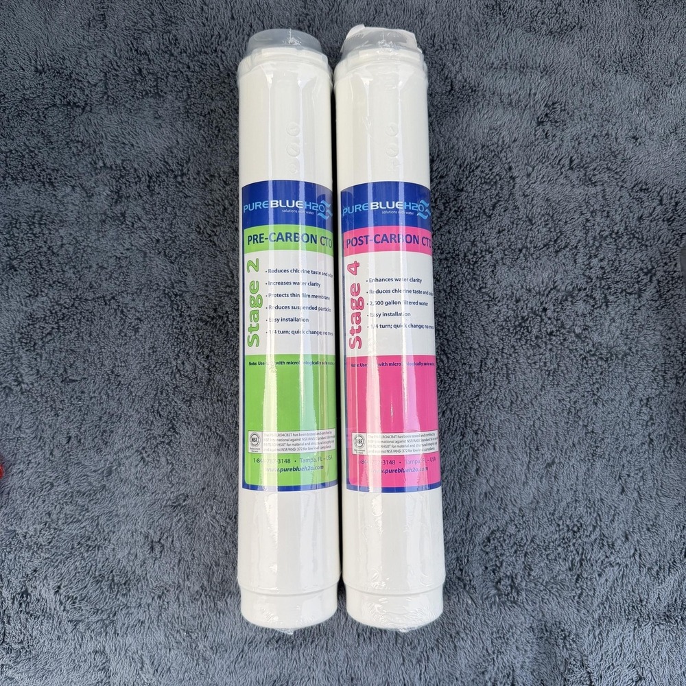 Pure Blue H2O Pre Post Carbon CTO Filters Stage 2 & 4 2 Pack White RO Under Sink